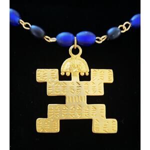 INCA brand vintage signed Mayan Inca revival medallion blue, black, gold beads